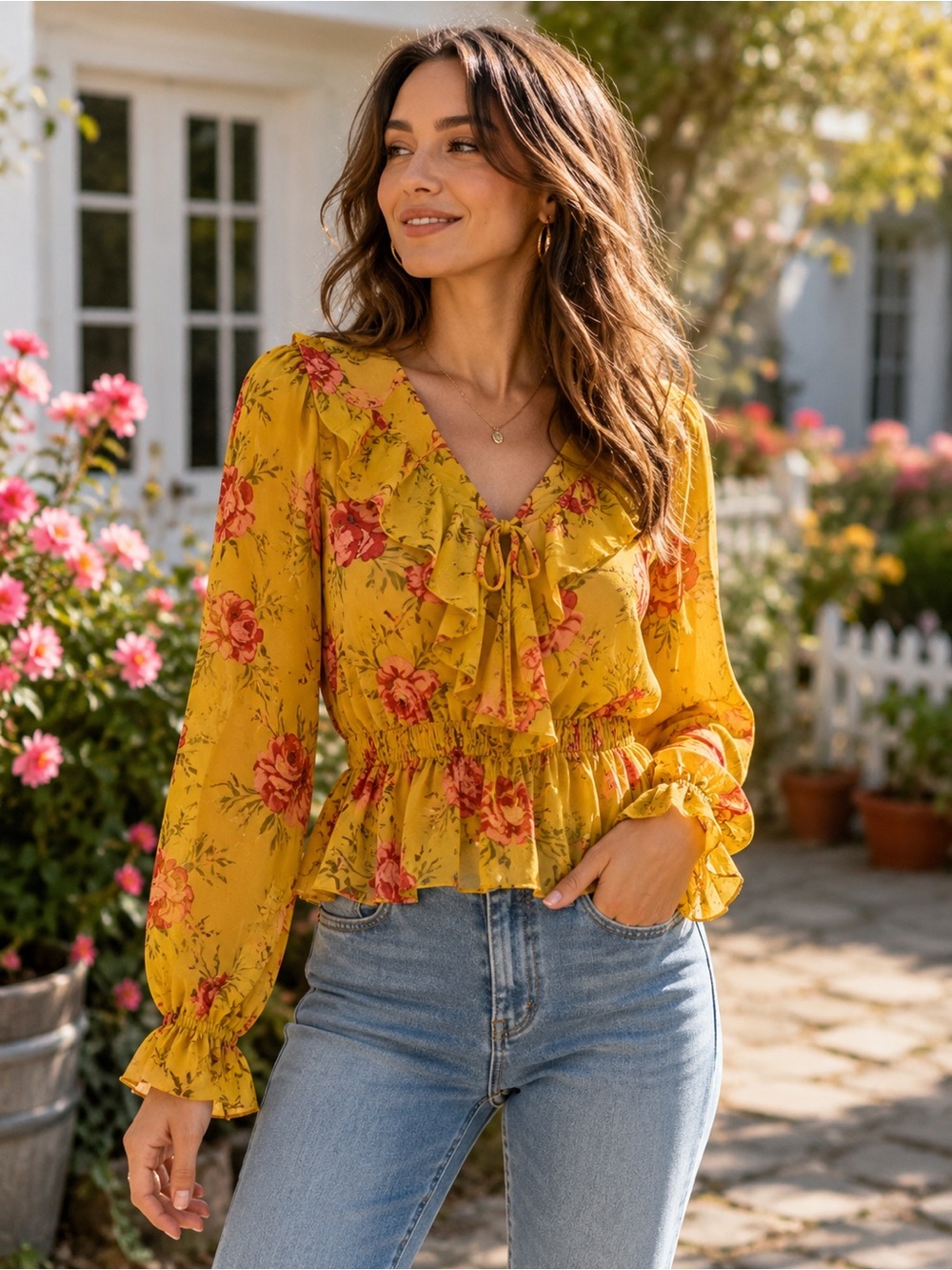 Lumiere Floral Ruffle Tie Front Peplum Blouse Mustard Yellow Medium